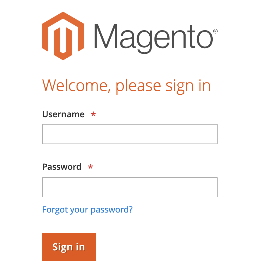 Magento admin panel login screen