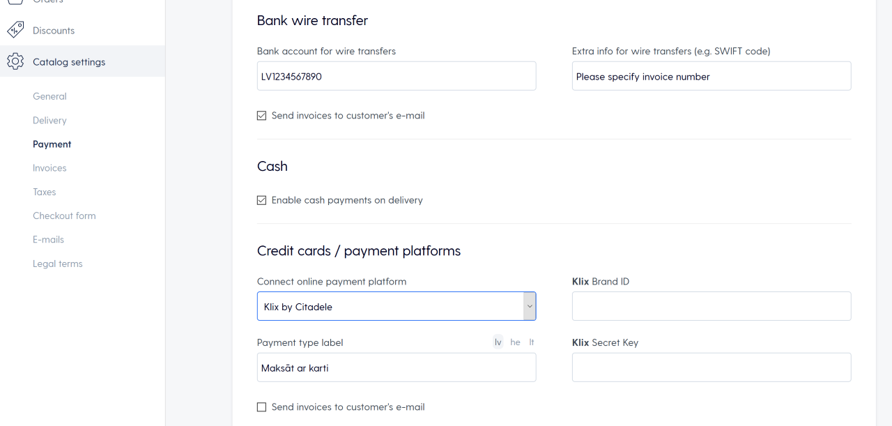 Klix payment method configuration screen in Mozello