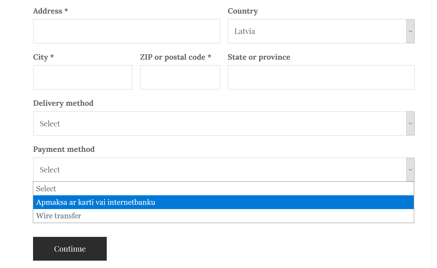 Checkout payment method selection screen in Mozello store
