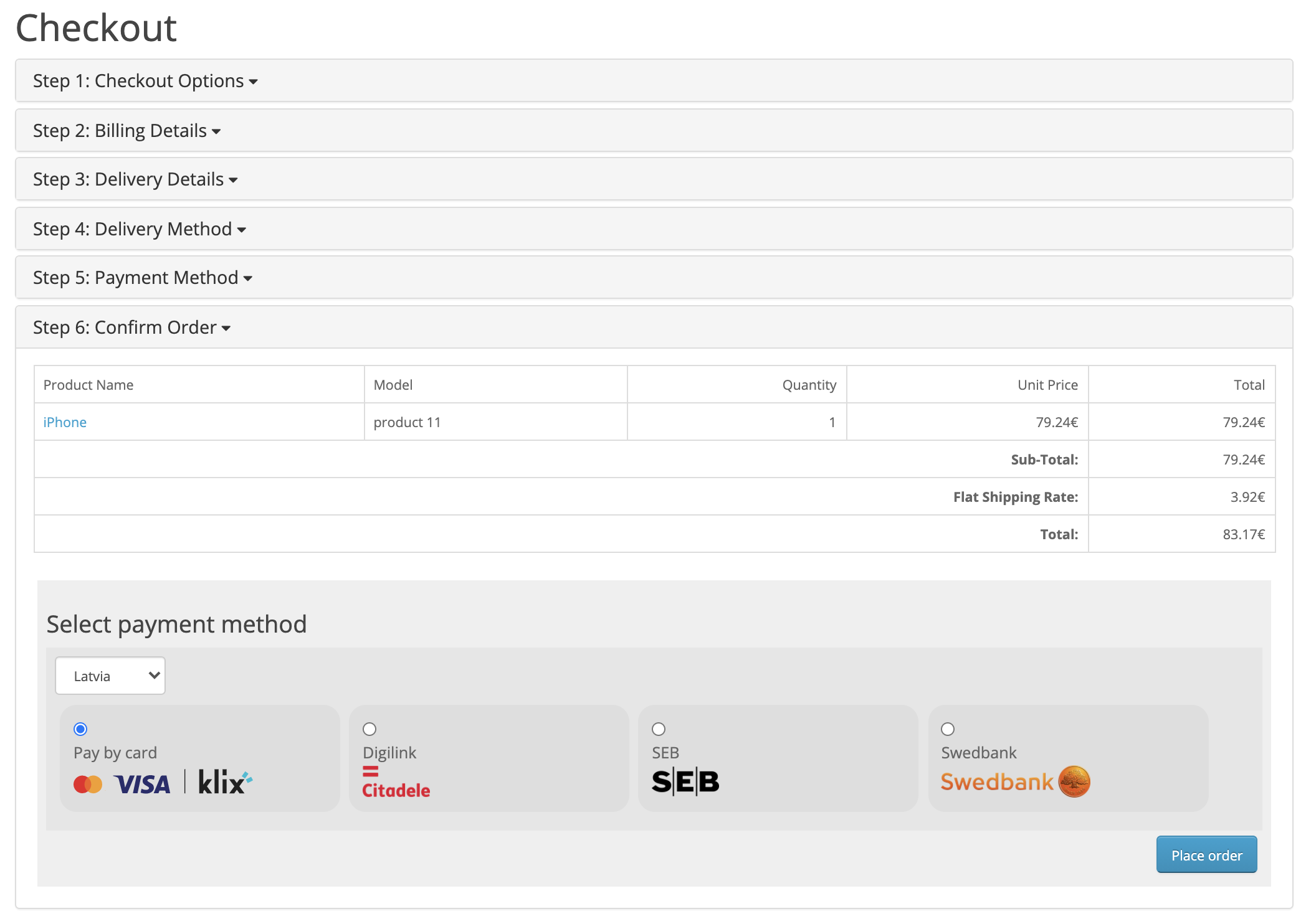 Checkout payment method selection screen