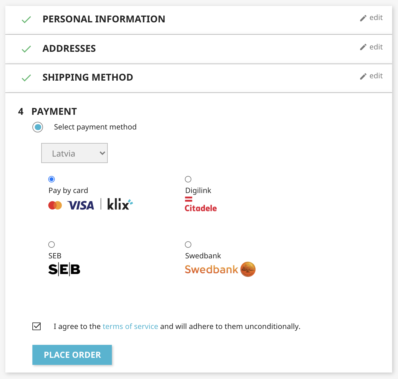 Checkout payment method selection screen