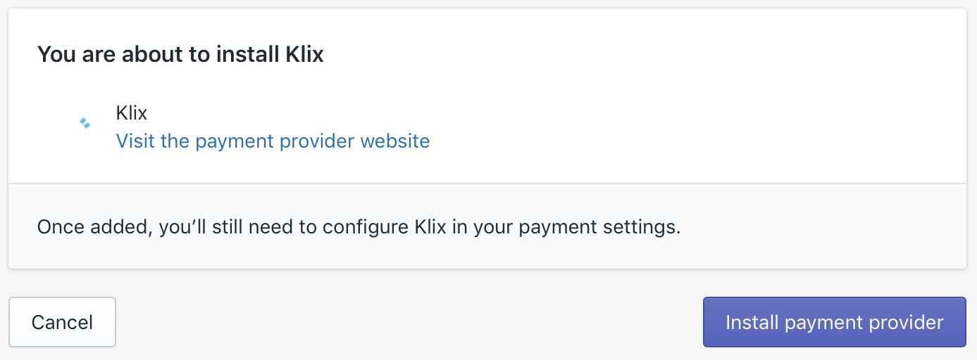 Klix payment provider installation confirmation screen