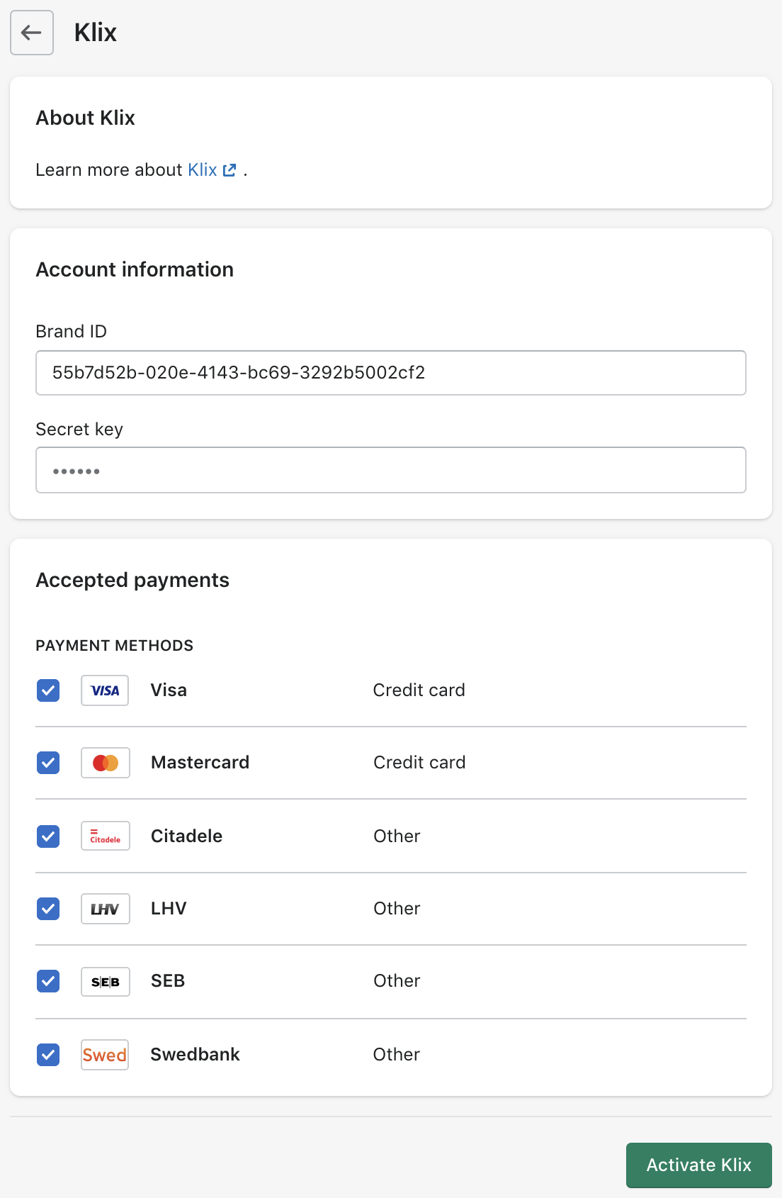 Klix payment method configuration screen