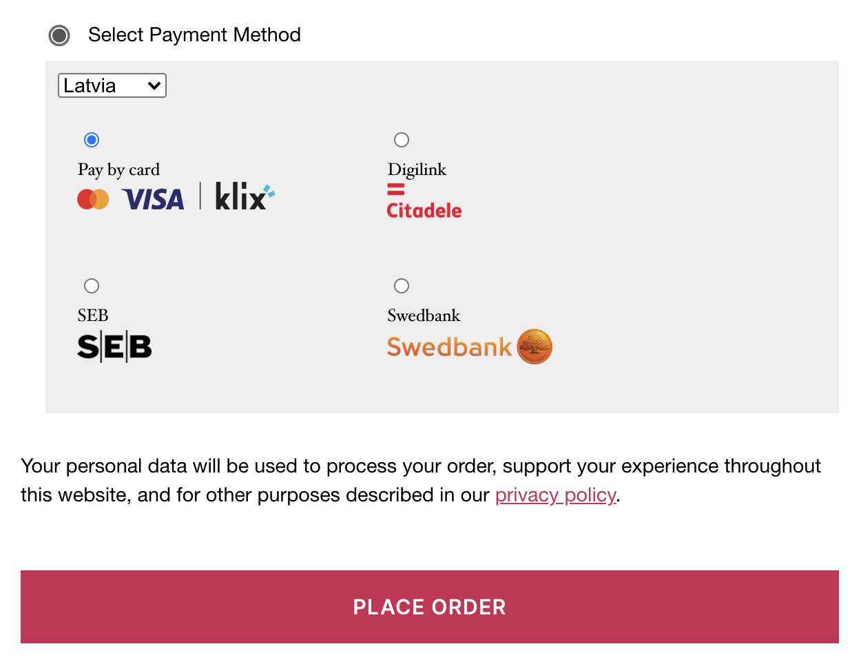Payment option selection screen