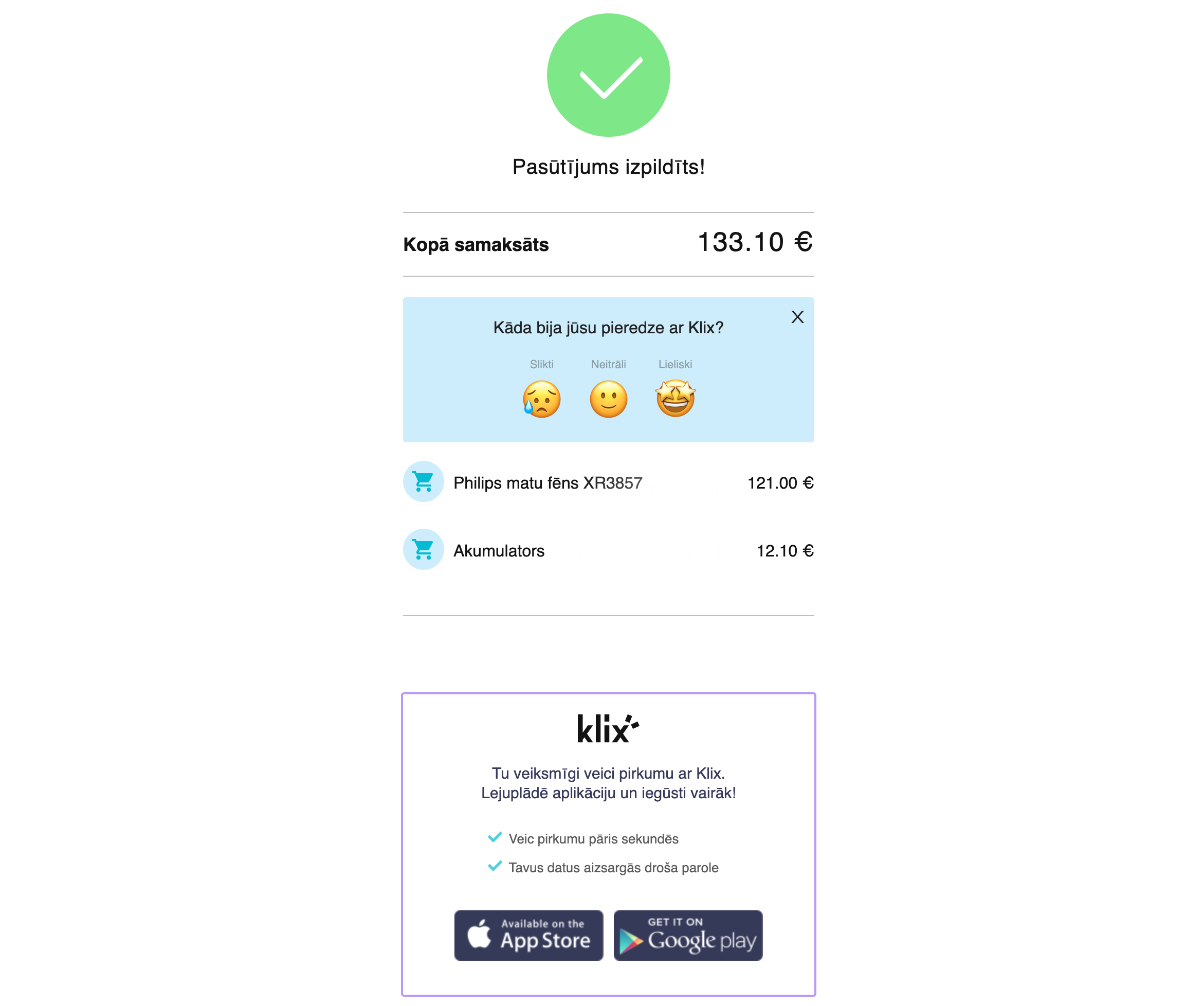 Klix widget payment status screen